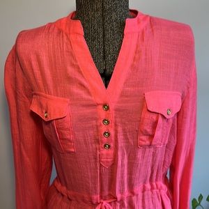 Beautiful Coral Gauzy Top with Adjustable Sleeve Length and Tie Waist